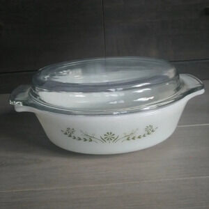 Vintage Glasbake Green Daisy  Primrose Flower Casserole Dish with Lid 433